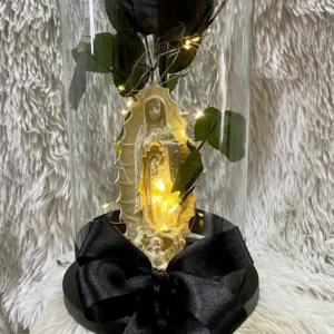 Rosa preservada negra con virgen en marmolina