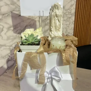 Caja con rosa, suculenta y virgen en marmolina